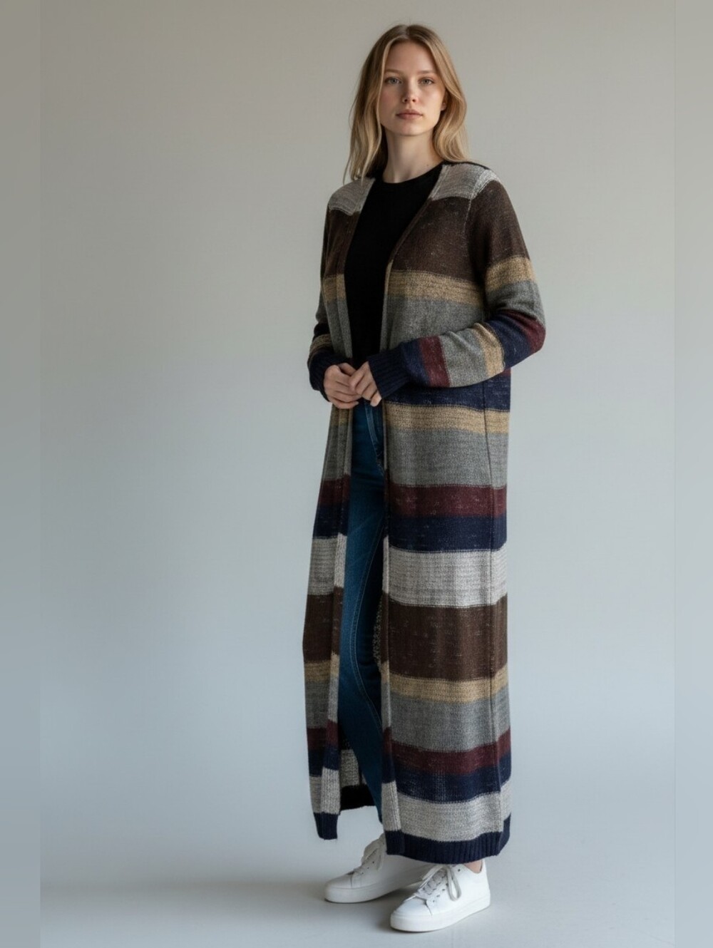 Mystree Sweater Cardigan Striped Long Open-Front Knit Duster Distressed Size SM